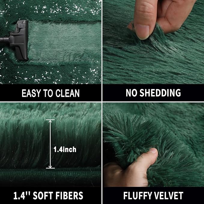 RUGTUDER Fluffy Dark Green Christmas Rug Carpet for Bedroom Living Room, 5x8 Feet Area Rugs for Boys Kids Girls Bedroom Decor, Soft Shaggy Plush Floor Rug for Baby Nursery, Washable Non-Slip