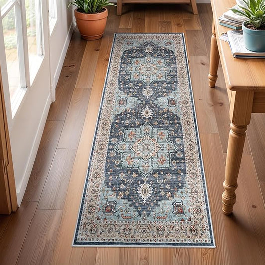 Washable Oriental Hallway Runner Rug - 2x6 Rugs for Living Room Soft Carpet for Bedroom Kitchen Waterproof Floral Distressed Indoor Stain Resistant Non-Shedding Floor Carpets (Blue/Teal/Orange, 2X6)