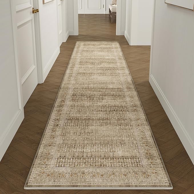 Brown 2x8 Area Rug Runners for Hallways Washable Vintage Distressed Carpet Low Pile Non Slip Indoor Retro Soft Long Accent Rug Bedroom Kitchen Bathroom Laundry Dining Living Room