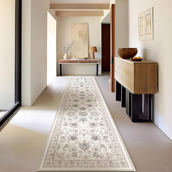 Phantoscope Hallway Runner Rug 2'x8' - Boho Washable Non-Slip Kitchen Rug Runner, Ultra-Thin Vintage Distressed Accent Throw Rug for Entryway Laundry Bathroom Bedroom, Beige/Neutral