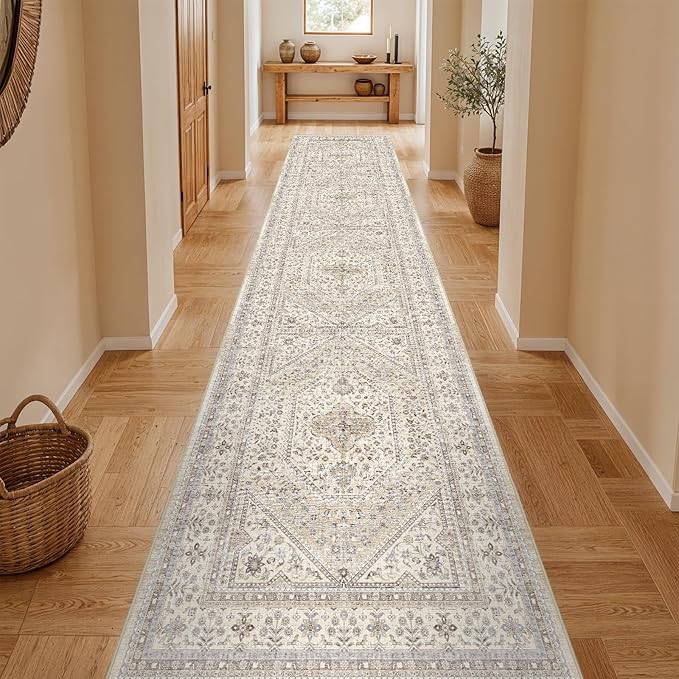 3x14 Runner Rug for Hallway Washable: Non Slip Kitchen Rugs with Rubber Backing Soft Waterproof Mats Stain Resistant Indoor Vintage Carpet Runner for Bedroom Bathroom Laundry Entryway Beige/Gray