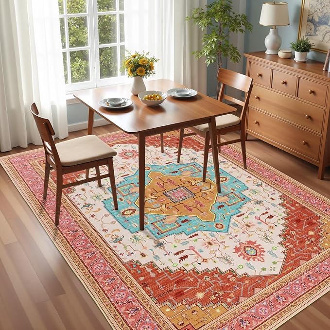 3x5 Orange Pink Area Rug for Living Room, Machine Washable Rugs with Non-Slip Backing for Bedroom, Vintage Medallion Carpet Kitchen Laundry Kids Room Decor