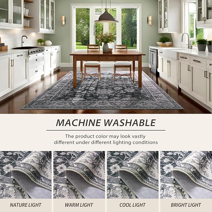 Area Rugs for Living Room, 6x9 Washable Area Rug for Bedroom, Retro Floral Non-Slip Carpet for Nursery Home Office Dining Room Kitchen, Grey