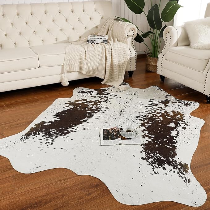 AROGAN Western Decor Faux Fur Cowhide Rug, 5.2 x 6.2 Feet Premium Animal Skin Cow Hide Rug, Sturdy Cow Print Rugs for Wall Decor, Western Floor Carpet for Bedroom Living Room，Speckle Pattern