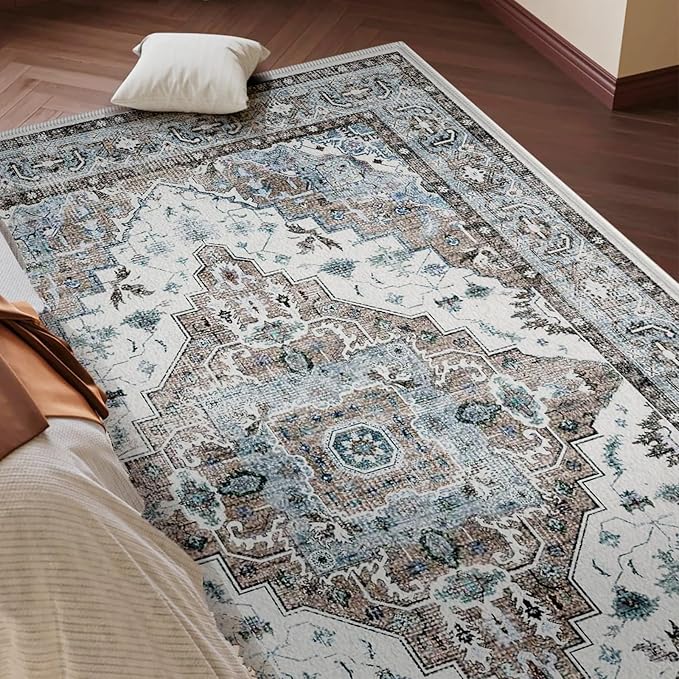 Washable Rug 3x5 Non-Slip Vintage Retro Rugs Low Pile Lightweight Print Carpet Indoor Entryway Door Mat Throw Rug for Living Room, Bedroom, Dining Room (Beige & Taupe)