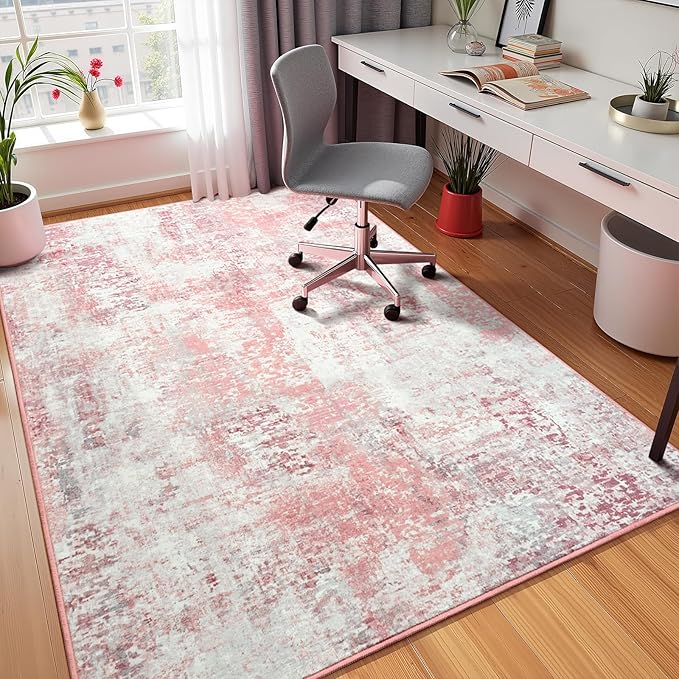 3x5 Pink Washable Area Rug for Living Room Bedroom, Modern Abstract Non-Slip Rugs, Low Pile Soft Stain Resistant Carpet for Dining Room, Kitchen, Office, Dorm, Bedside Decor