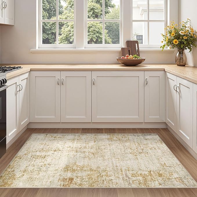 3x5 Area Rug Living Room Rugs - Washable Neutral Modern Abstract Soft Thin Rug Indoor Floor No Slip Rug Carpet for Bedroom Under Dining Table Home Office Decor - Golden Brown