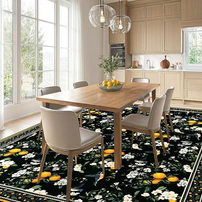 ASPMIZ Black Floral Area Rug 8x10 Vintage Large Rugs for Living Room Washable Lemon Throw Rugs Non Slip Foldable Soft Low Pile Hummingbird Floor Carpet for Bedroom Kitchen Dining Room Nursery Office