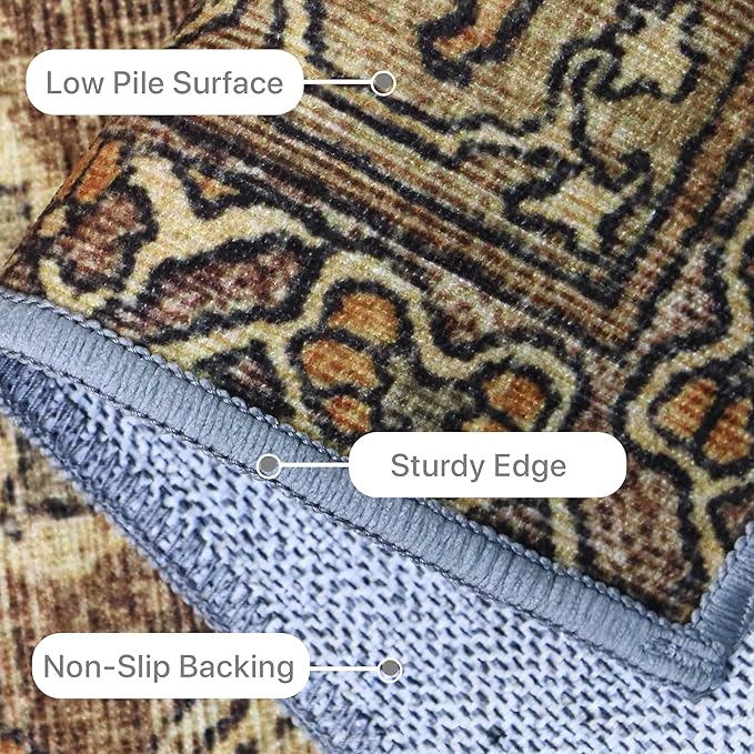 10X14 Area Rugs Machine Washable Rugs for Living Room, Vintage Boho Large Rugs for Bedroom Dining Room, Non Slip Indoor Soft Distressed Lightweight Thin Low Pile Carpet, Rustic Brown