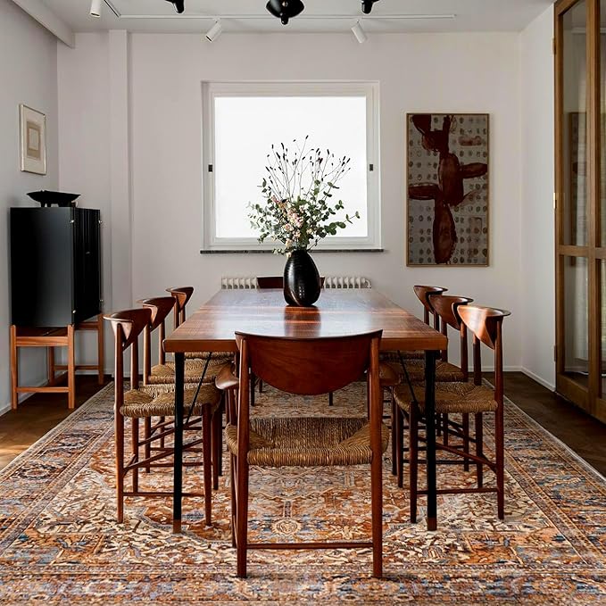 Washable Boho Area Rugs 9x12 Living Room Bedroom Under Table,Easy to Clean Vintage Floral Bohemian Rustic Western Style Large Rug for Dining Room,Terracotta Rust and Burnt Orange,9 by 12