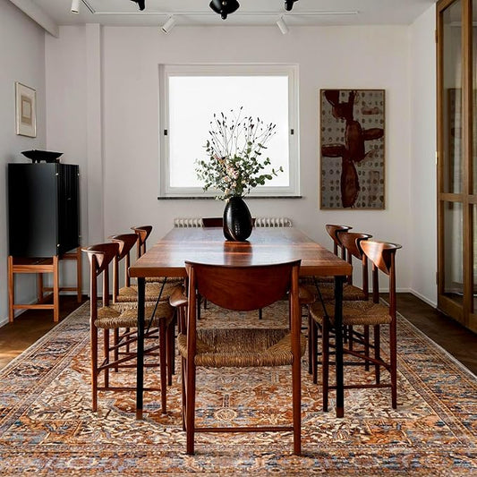 Washable Boho Area Rugs 9x12 Living Room Bedroom Under Table,Easy to Clean Vintage Floral Bohemian Rustic Western Style Large Rug for Dining Room,Terracotta Rust and Burnt Orange,9 by 12