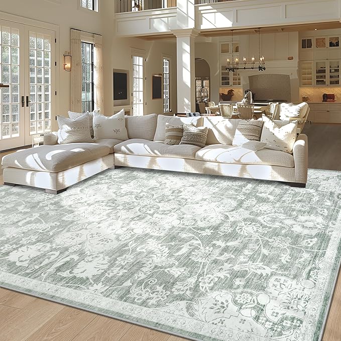 Washable Rugs 8x10 Area Rugs, Soft Vintage Living Room Rug with Anti-Skid Backing Stain Resistant Thin Indoor Carpet Large Area Rug for Bedroom Under Dining Room Table Nursery Entryway-Gray/Ivory