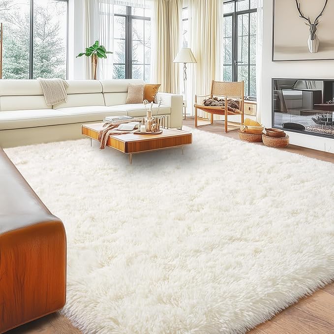 4x6 Cream Rugs for Bedroom, Fluffy Shag Area Rug for Living Room Dorm Nursery Kids Room, Non-Slip Modern Soft Plush Floor Carpets, Home Decor Aesthetic