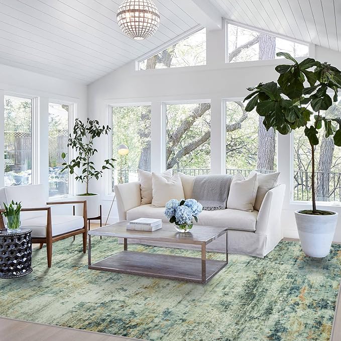 10x14 Area Rugs for Living Room: Large Machine Washable Area Rug with Non Slip Backing Non Shedding Abstract Stain Resistant Carpet for Bedroom Dining Room Nursery Home Office - Sage Green/Multi