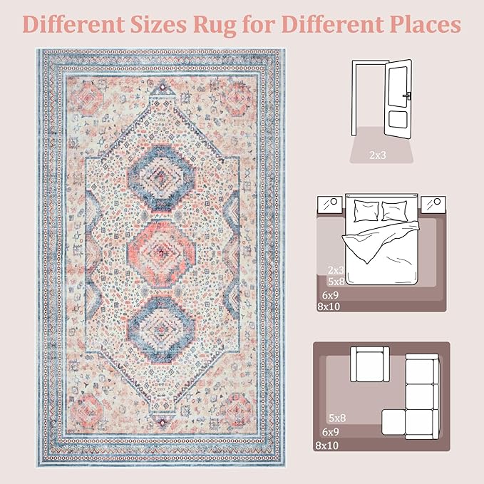 Maxsoft 8x10 Area Rug,Vintage Machine Washable Rugs for Living Room, Soft Non-Slip Low Pile Rug, Stain Resistant Rugs for Kitchen, Bedroom, Dining Room,Laundry Room,Nursery (Light Orange)