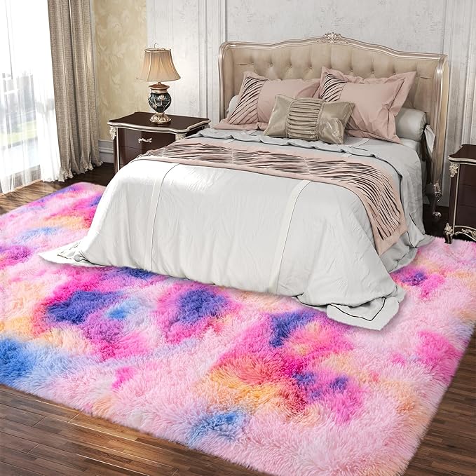 5x7 Area Rugs for Living Room, Plush Thick Carpets for Boy and Girls Room, Modern Soft Shag Rug for Bedroom, Non Slip, Large Indoor Carpet for Nursery Dorms Home Decor Aesthetic, Rainbow