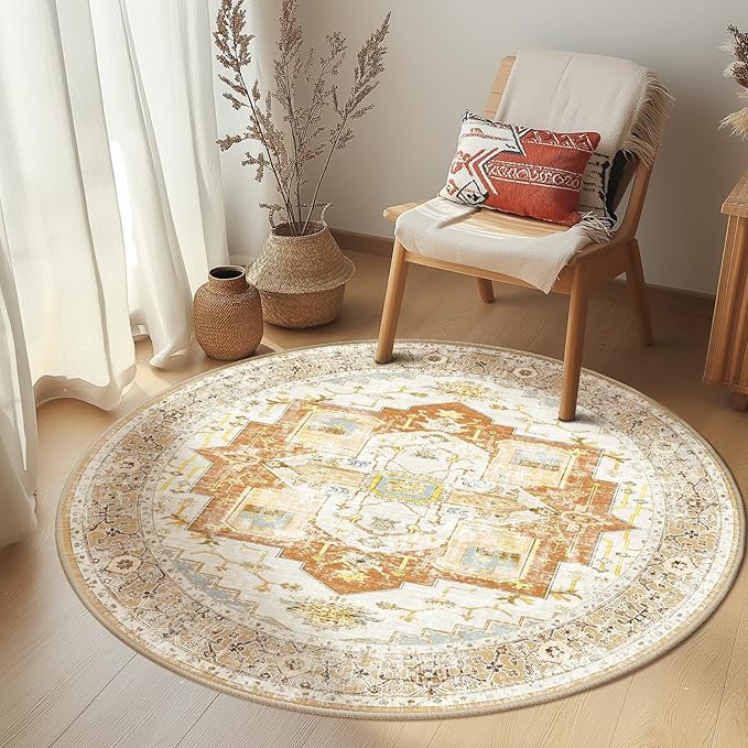 Washable 6ft Area Rugs, Rugs for Living Room, Low-Pile Water&Stain Resistant Carpet Vintage Distressed Printed Non-Slip Carpet for Bedroom Bathroom Kitchen-Orange