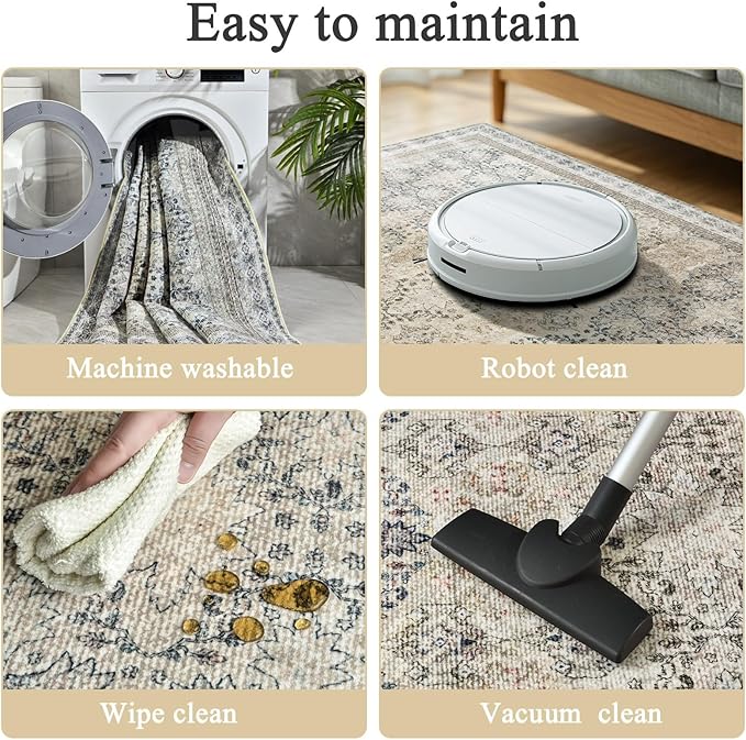4x6 Area Rug for Bedroom Machine Washable, Non Slip Vintage Floral Kitchen Rugs for Dining Room, Rustic Indoor Floor Carpet for Nursery, Farmhouse, Office Classroom Beige/Pink/Orange
