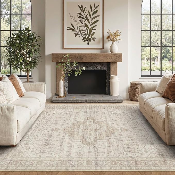 4x6 Washable Area Rug for Living Room, Vintage Neutral Boho Rugs for Office, Dining Room, Kids Room, Farmhouse, Durable Low Pile Non Slip Carpet for High Traffic Areas, Cream