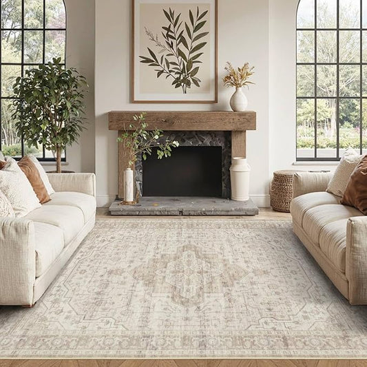 4x6 Washable Area Rug for Living Room, Vintage Neutral Boho Rugs for Office, Dining Room, Kids Room, Farmhouse, Durable Low Pile Non Slip Carpet for High Traffic Areas, Cream