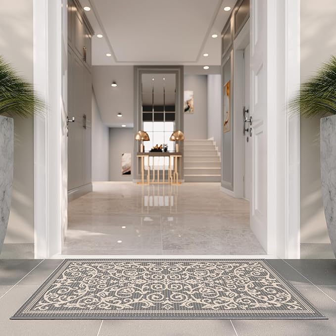 SAFAVIEH Courtyard Collection Accent Rug - 2' x 3'7", Grey & Natural, Indoor/Outdoor & Washable, Ideal for High Traffic Areas in Patio, Backyard, Mudroom, Entryway, Doormat (CY2098-3606-2)