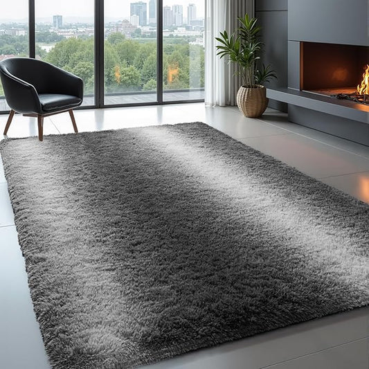Zentavio Area Rugs for Living Room Large Rugs for Bedroom 5x8 Carpet Fluffy Soft Shag Aesthetic Plush High Pile Gray Throw Rug for Nursery Kids Room Dorm Grey White