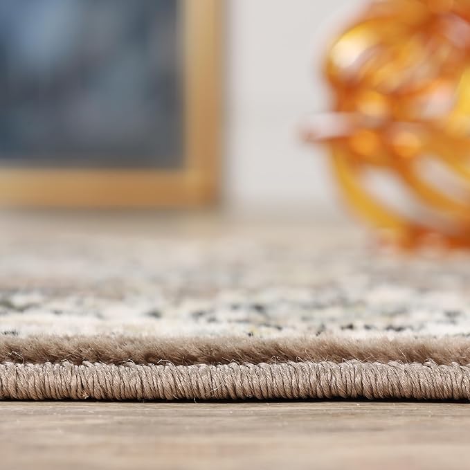 Superior Indoor Runner Rug, with Jute Backing, Chic Bordered Floor Decor for Living Room, Bedroom, Office, Entryway, Kitchen, Dining, Floral Design, Lille Collection, 2' 7" x 12', Brown