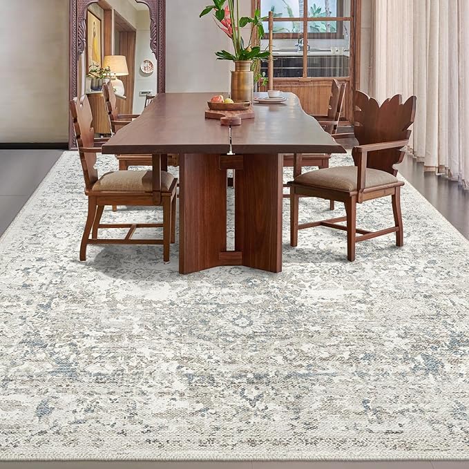 Area Rug 8x10 Washable Rug Living Room Vintage Rug Non Slip Accent Thin Retro Floral Print Indoor Mat for Bedroom Kitchen (Cream-Based with Grey 8x10)…
