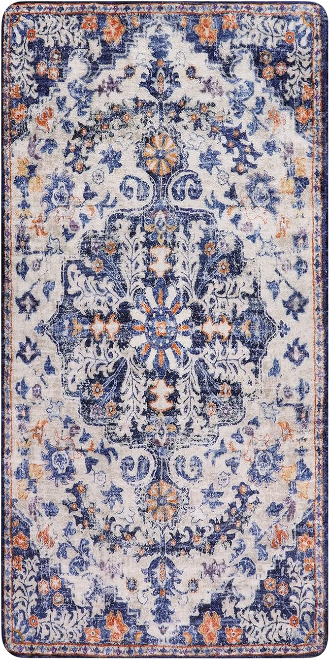 Lahome Bohemian Floral Medallion Runner Rug - 2x4 Blue Soft Bathroom Rug Runner Entry Way Mat, Washable Non Skid Laundry Room Carpet Runner for Living Room Dining Room Kitchen Entrance