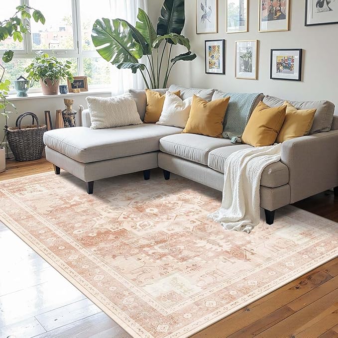 4x6 Washable Area Rug for Living Room, Vintage Boho Rugs for Office, Dining Room, Kids Room, Farmhouse, Durable Low Pile Non Slip Carpet for High Traffic Areas, Orange