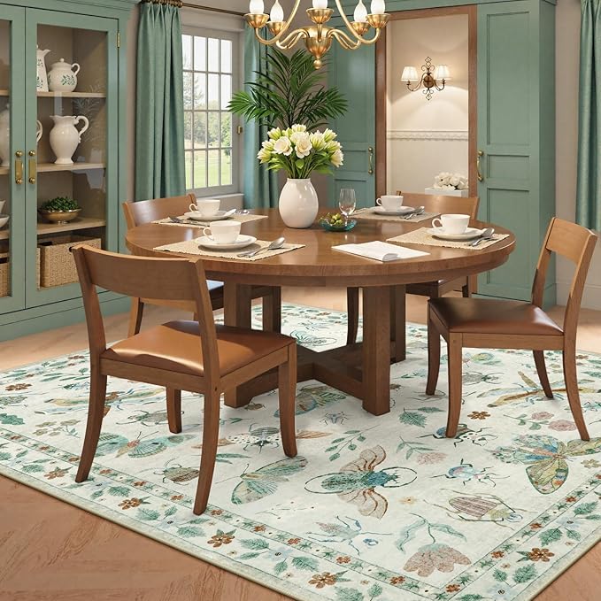 Beeiva Insect Print Rug 6x9, Washable Carpet for Living Room Non Slip, Low Pile Ultra Thin Foldable Large Area Rugs for Office, Bedroom, Kids Room, Playroom, Nursery - Beige
