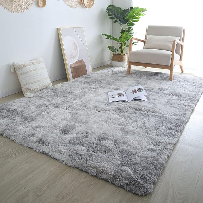 CAIYUECS Shag Area Rug,Indoor Ultra Soft Fluffy Plush Rugs for Bedroom Living Room, Non-Skid Modern Nursery Faux Fur Rugs for Kids Room Home Decor (Tie-Dyed Light Gray, 5x7 Feet)