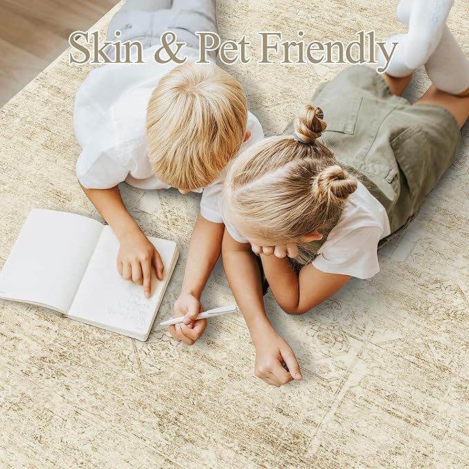 Washable Area Rug 8x10, Large Soft Rugs for Living Room Vintage Beige Rug 8x10 Area Rugs for Bedroom Dining Room Floral Non-Slip Thin Rug
