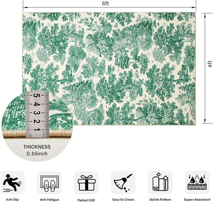 Vintage Botanical Entryway Rug Washable, Thin Pile Country Rustic Nature Plants 4x6 Indoor Rug Carpet Stain Resistant, Cute Green Woodland Forest Area Rug for Bedroom Dining Living Room Kitchen