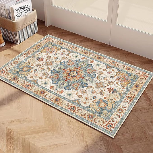 Yancorp 3'x5' Boho Area Rug for Bedroom Non Slip Washable Rug Vintage Carpet Living Room Non-Shedding Indoor Floor Mats Bedroom Kitchen Entryway Rugs-Rectangular Blue Red