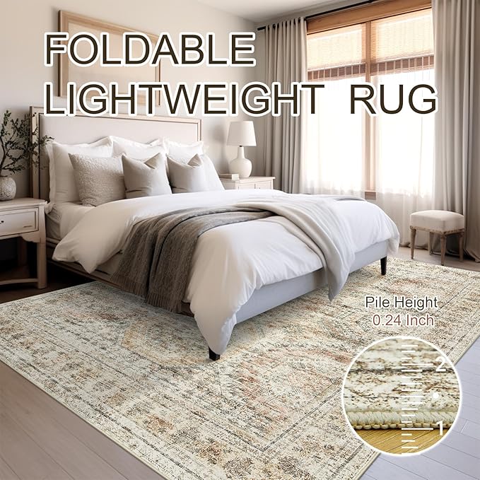 Washable Area Rug 8x10, Large Soft Rugs for Living Room Vintage 8x10 Area Rugs for Bedroom Dining Room Non-Slip Stain Resistant Under Table Brown Pink Rug