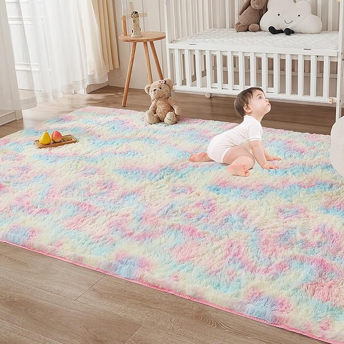 Andency 4x6 Shag Area Rug for Living Room, Rainbow Soft Fuzzy Plush Indoor Carpets for Bedroom, Non Skid Fluffy Faux Fur Rug for Nursery Kids Boys Girls Room