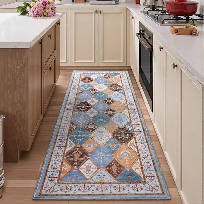 Blue Washable Kitchen Runner Rug, 2x6 Boho Non-Slip Bedroom Rugs, Moroccan Floral Trellis Hallway Carpet Soft Low Pile Vintage Indoor Mat for Entryway Bedside Bathroom