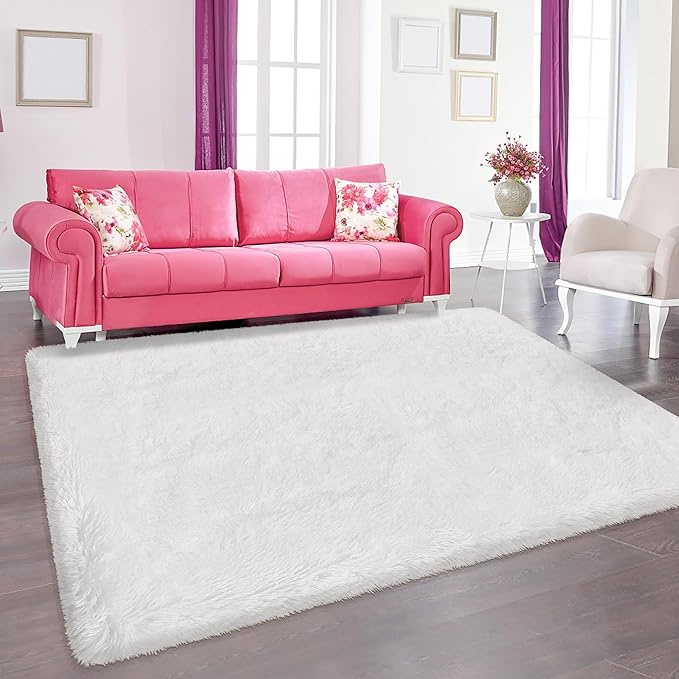 White Fluffy Rug for Bedroom Living Room, 4x6 Furry Cream Area Rug Soft Fuzzy Shag Carpet for Boys Girls Room Dorm Dresser Bedside, Plush Thick Throw Kids Shaggy Rug Non-Slip for Nursery