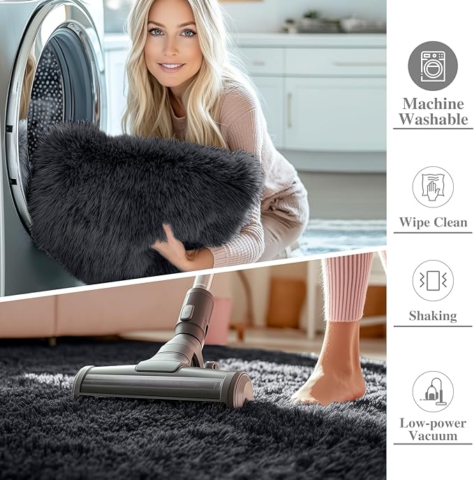OLANLY Black Round Rugs for Bedroom - Machine Washable, 9x9 Feet Circle Area Rugs for Living Room, Soft and Fluffy Shaggy Carpet for Teen Girls and Boys, Nursery Rooms, Dorms, Home Decor Aesthetic