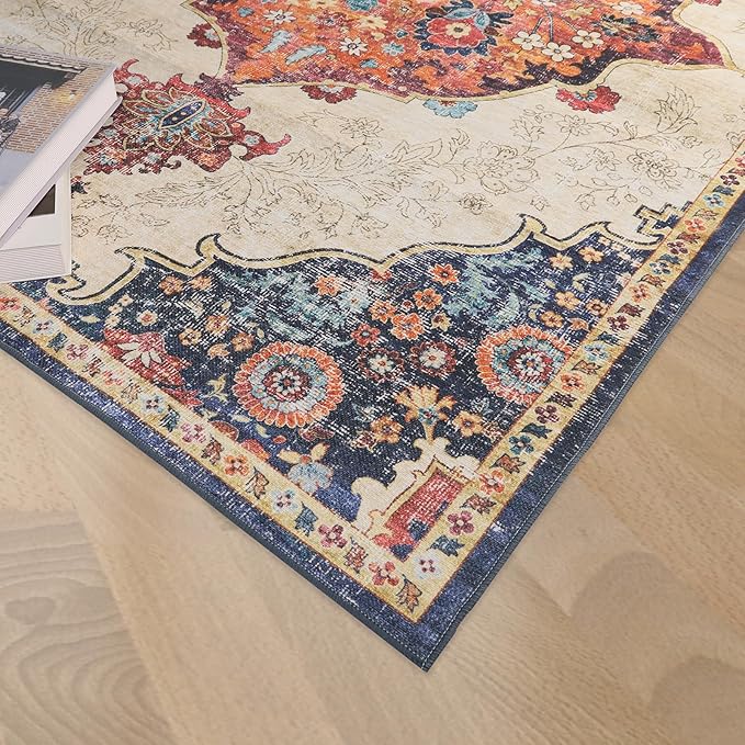 Dripex 8x10 Area Rugs, Machine Washable Non Slip Distressed Boho Rugs,Large Area Rug for Bedroom Aesthetic, No Pile Lightweight Vintage Rug, Carpet for Living Room Dining Room Apartment Den,Multi