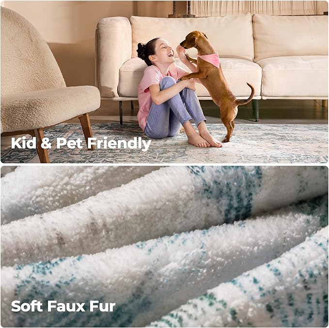 Kokia 6x9 Area Rugs for Living Room, Machine Washable Non Slip Vintage Boho Rugs, Low Pile Distressed Medallion Print Rug for Bedroom, Dining Room Blue 6 x 9