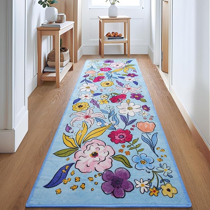 ST. BRIDGE Blue Runner Rug 2x6, Washable Rug Runners for Hallway Entryway Bedroom, Non-Slip Low Pile Boho Floral Throw Rugs Soft Faux Wool Floor Carpet for Kitchen, Bathroom, Laundry