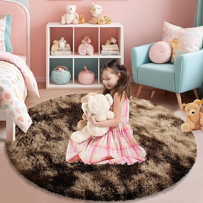 Tie-dye Coffee Fluffy Round Rug,Soft Area Rugs for Girls Room,Shaggy Rugs 3'X3' for Living Room,Non Slip Circle Rug for Kids Bedroom,Shag Plush Nursery Carpets,Fuzzy Rug for Dorm,Room Decor Carpet