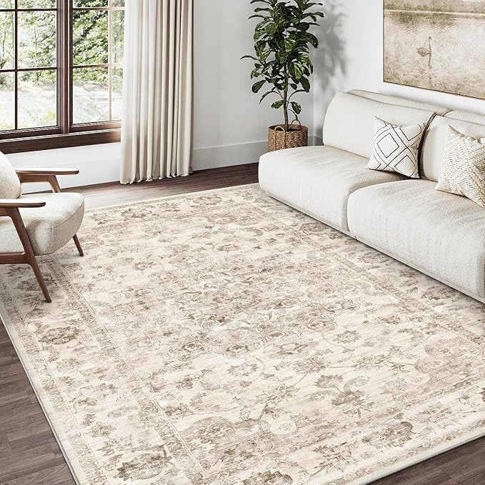 4x5 Washable Neutral Area Rug Beige Floral Living Room Bedroom Carpet Non-Slip Low Pile Vintage Soft Thin Throw Rug for Dining Room Entryway Dorm Office Kitchen Bathroom