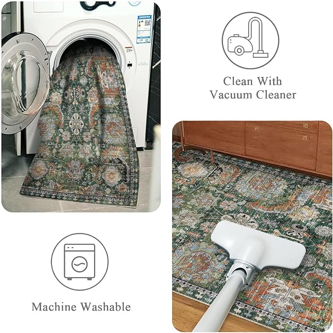 Washable Area Rugs - Perfect for Living Room, Bedroom, Kids Room, Nursery - Stain & Water Resistant Non-Slip, Pet & Child Friendly, Vintage Tribal Area Rugs (Green, 5' x 7')