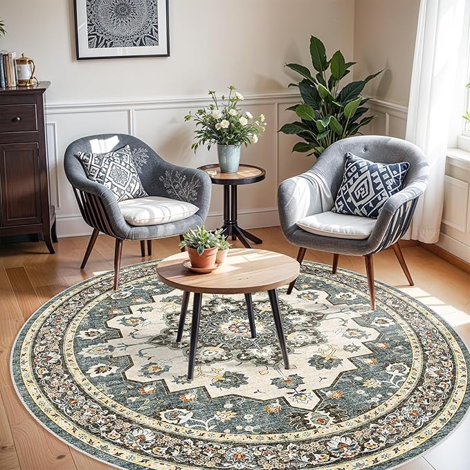 Washable Oriental Area Rug - 9ft Round Rugs for Living Room Soft Carpet for Bedroom Waterproof Floral Distressed Indoor Stain Resistant Non-Shedding Floor Carpets (Blue, 9ft-Round)