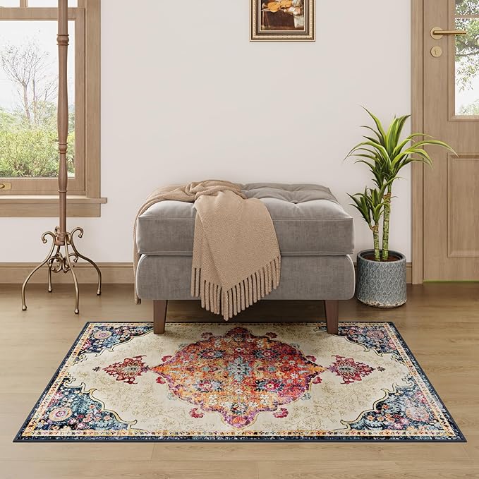 Dripex 2x3 Area Rugs, Machine Washable Non Slip Boho Rugs,Distressed Small Entryway Rug Doormat, No Pile Lightweight Vintage Rug, Floor Carpet for Indoor Front Entrance Kitchen Bathroom,Red and Beige