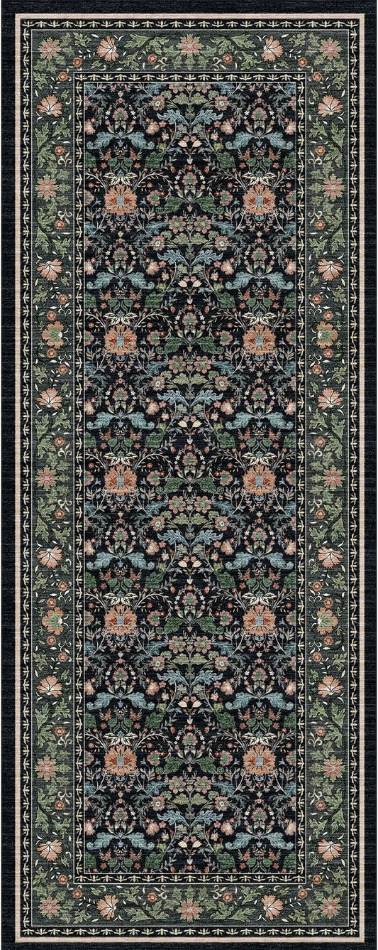 2x5 Rug Runner Washable: Non-Slip Oriental Floral Carpet for Bathroom Kitchen Hallway - Farmhouse Low Pile Stain Resistant Long Thin Front Door Mat 2x5 Black/Green/Multi