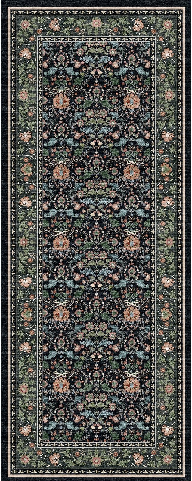 2x5 Rug Runner Washable: Non-Slip Oriental Floral Carpet for Bathroom Kitchen Hallway - Farmhouse Low Pile Stain Resistant Long Thin Front Door Mat 2x5 Black/Green/Multi